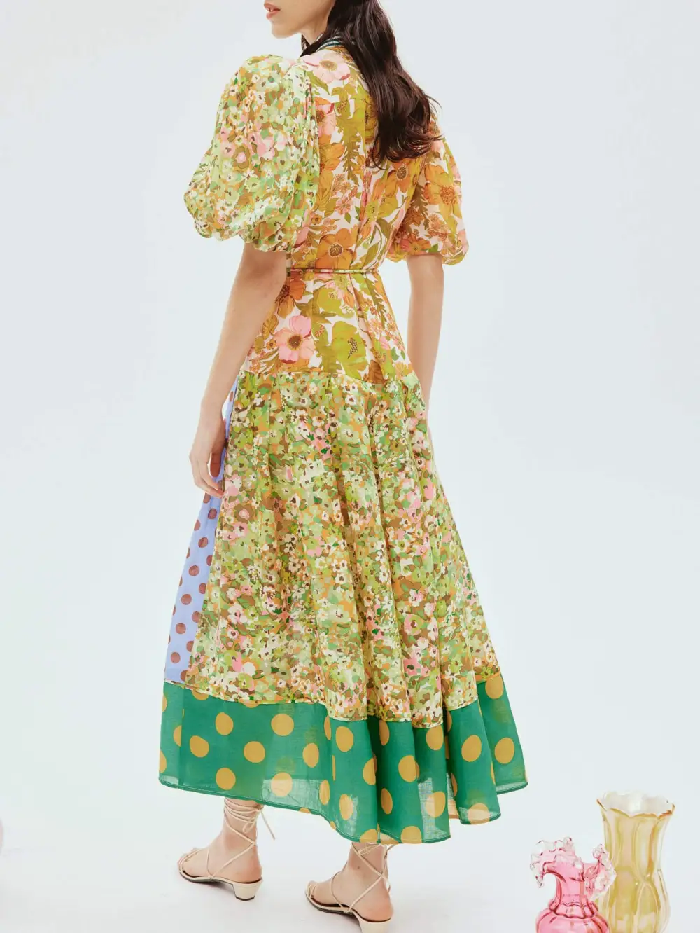 Retro Floral Print Puff Sleeve Midi Dress