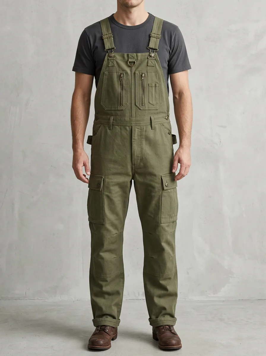 Men's Olive Green Cargo Multi-Pocket Bib Overalls