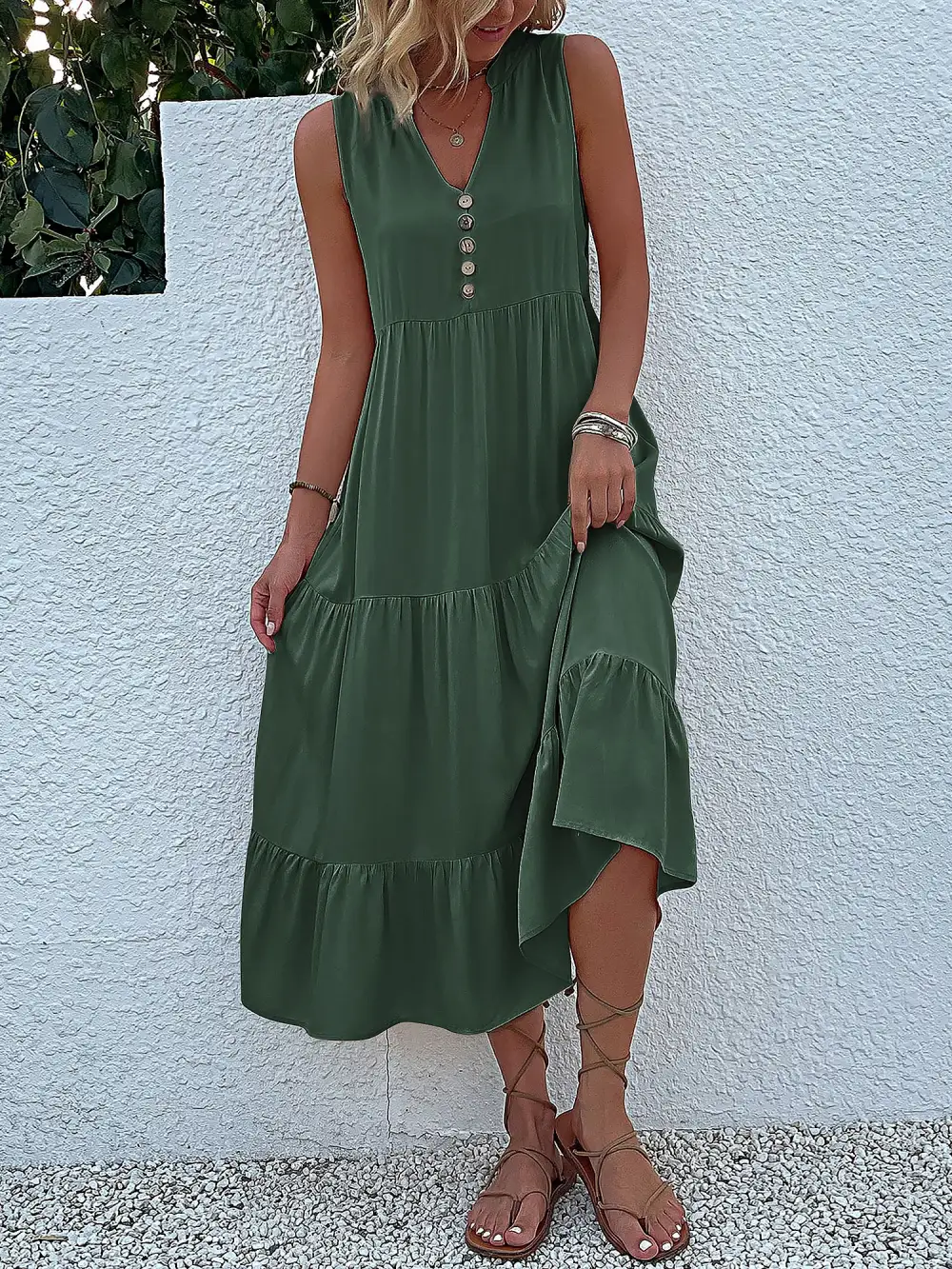 Notch-Neck Buttoned Sleeveless Tiered Midi Dress