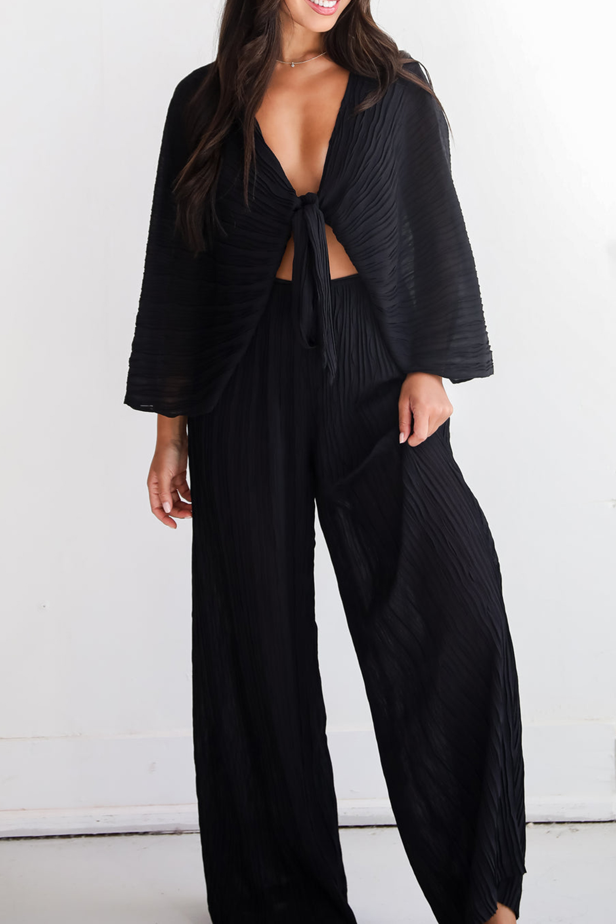 Sophisticated Step Black Pleated Tie-Front Blouse