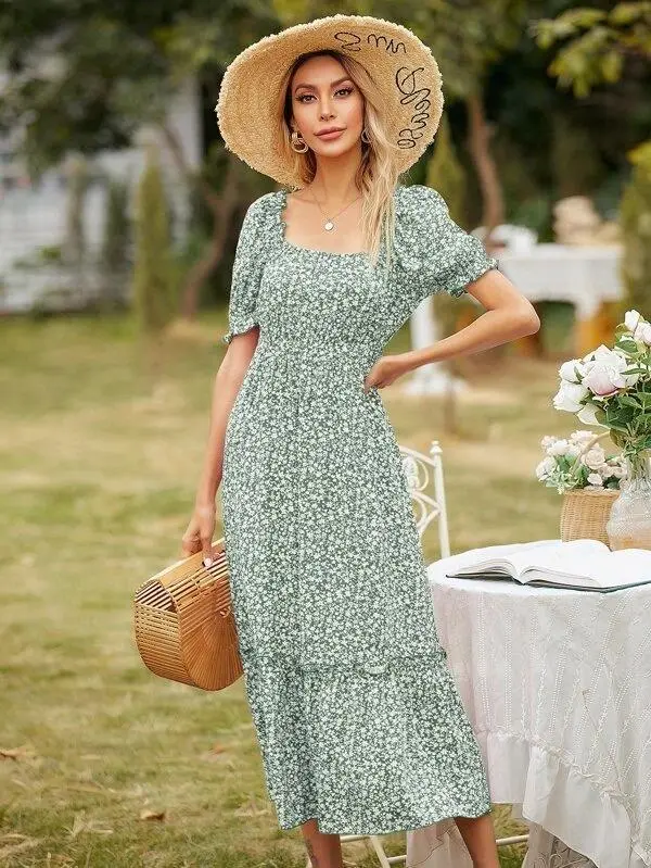 Women Square Neck Ditsy Floral Frill Trim Dress