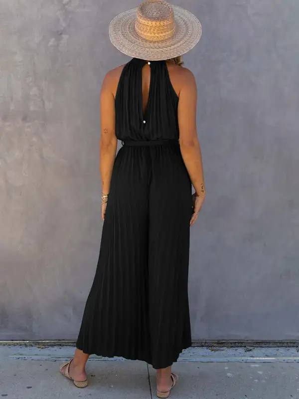 Shoulder Halter Neck Pleated Jumpsuit