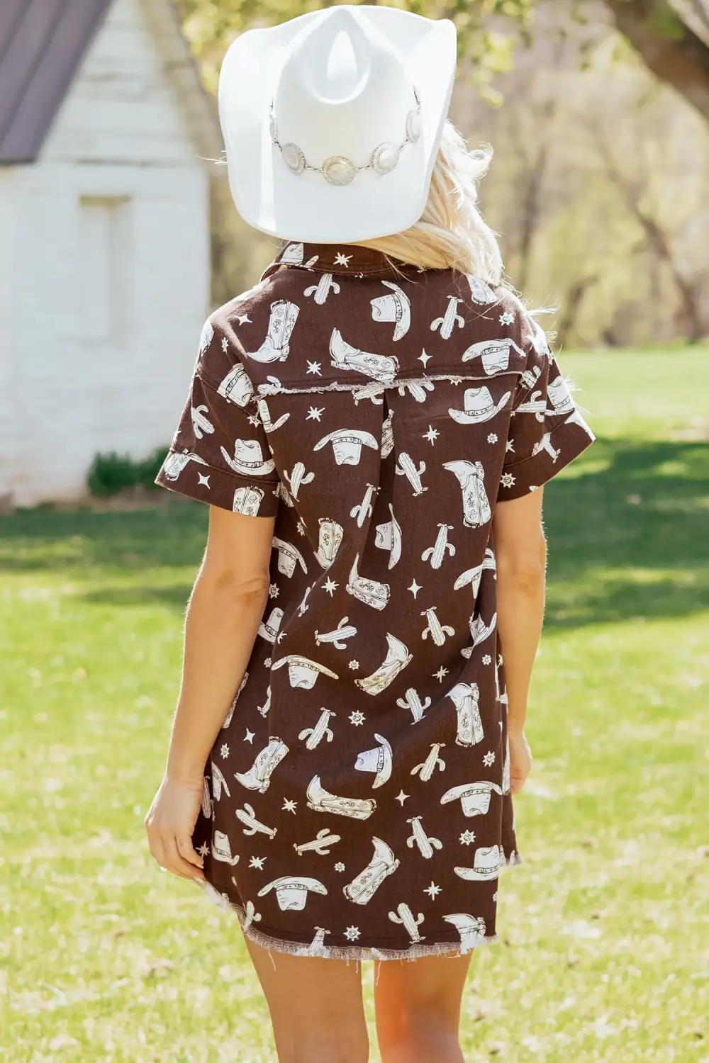 Printed Denim Button Front Dress Casual