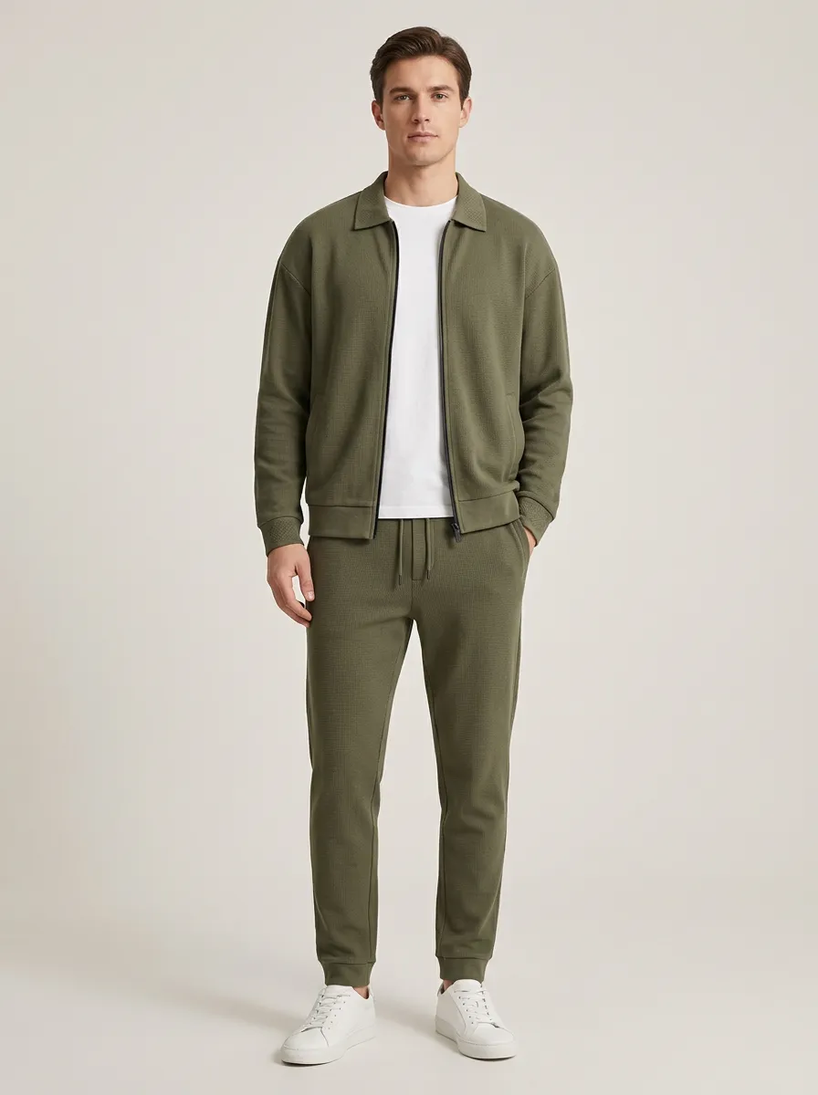 Men's Relaxed Waffle Textured Polo Collar Jacket and Jogger Pants Set