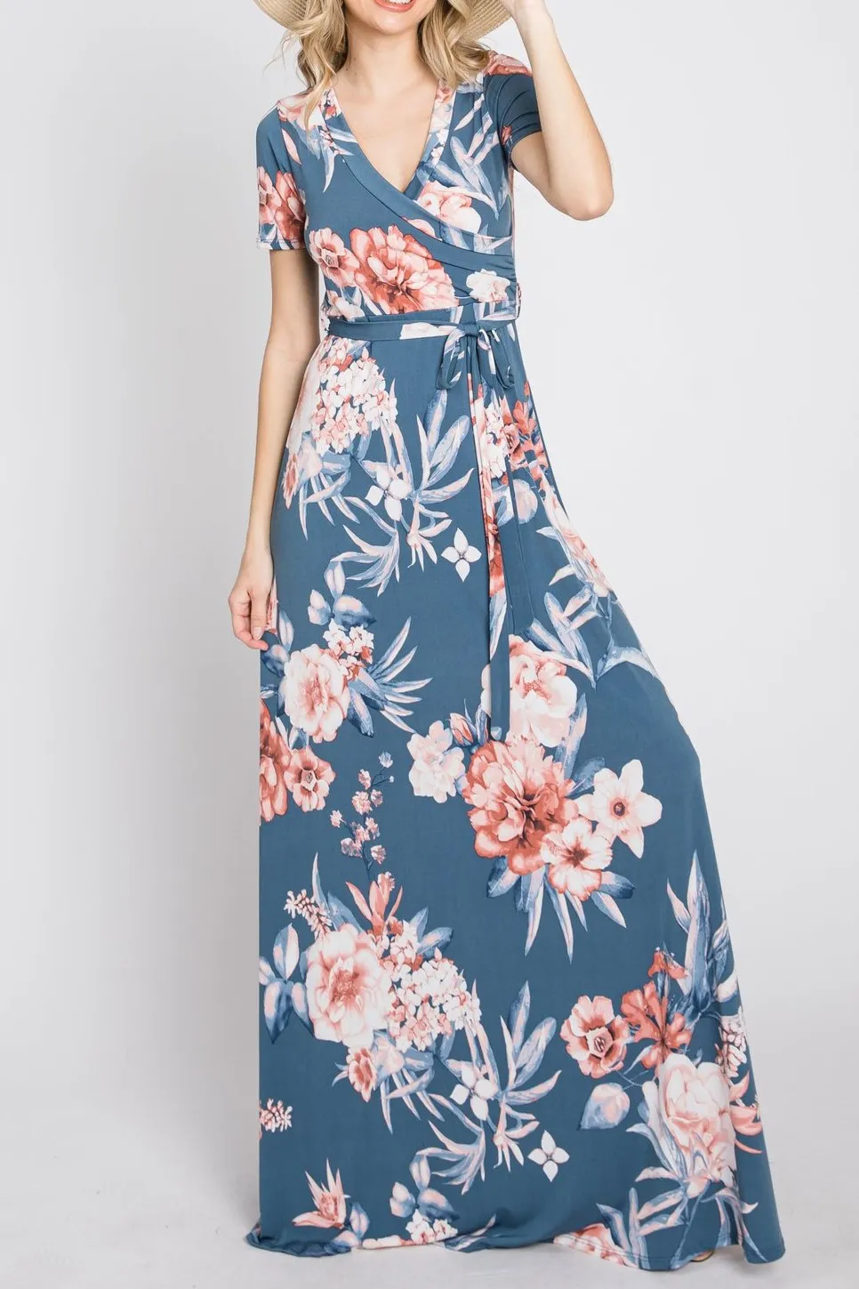 Blue Floral Wrap Nursing Maxi Dress