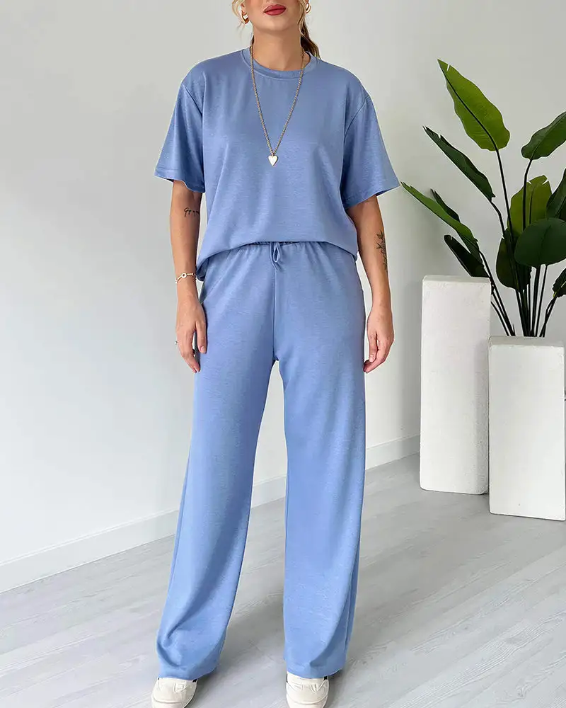 Casual Two-Piece Lounge Set Short Sleeve Top and Wide Leg Pants