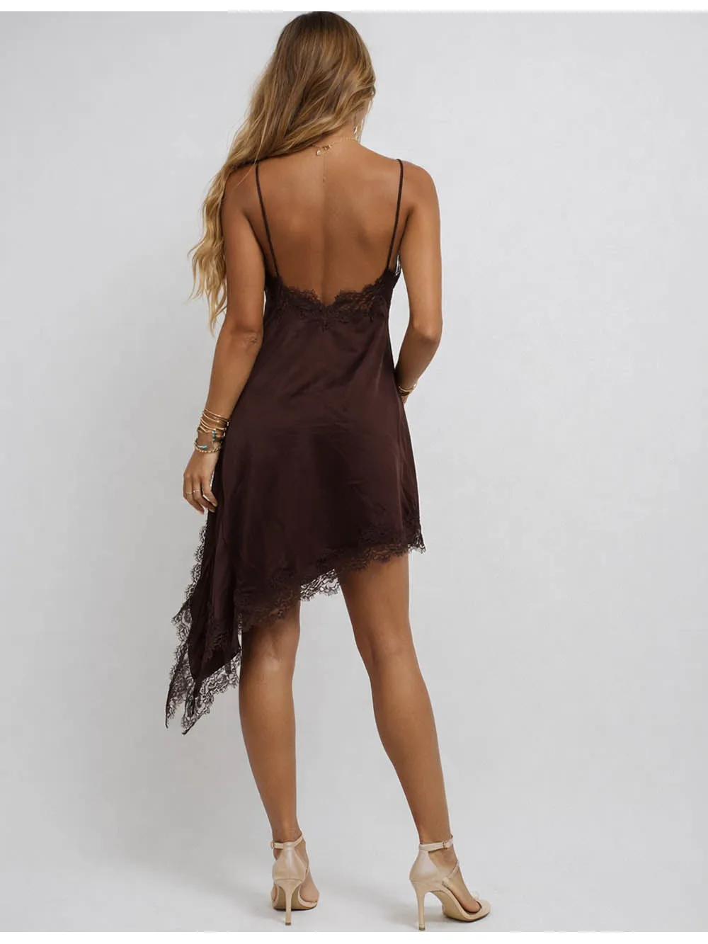 Satin V Neck Lace Trim Irregular Hem Cami Midi Dress