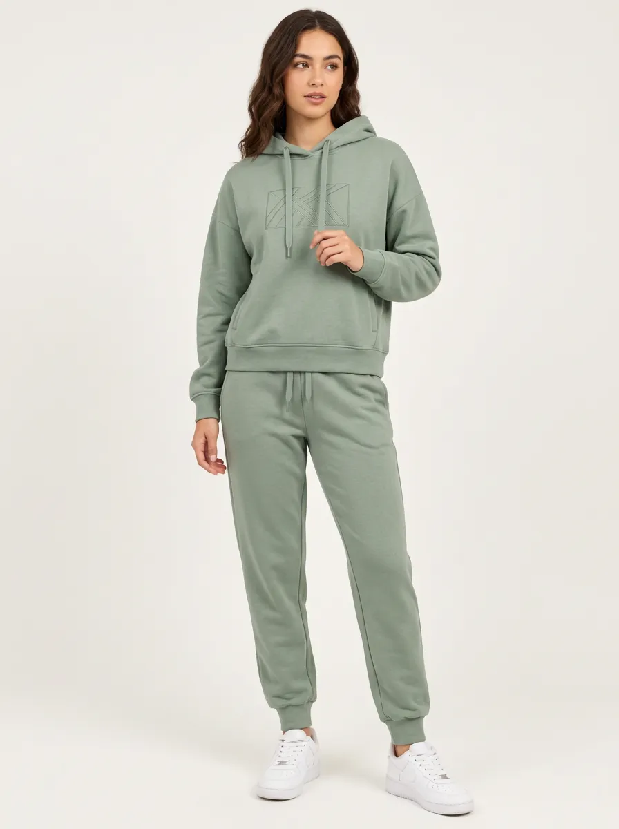 Women's Sage Green Tapered Pants Drawstring Hood Solid Hoodie & Pants Set