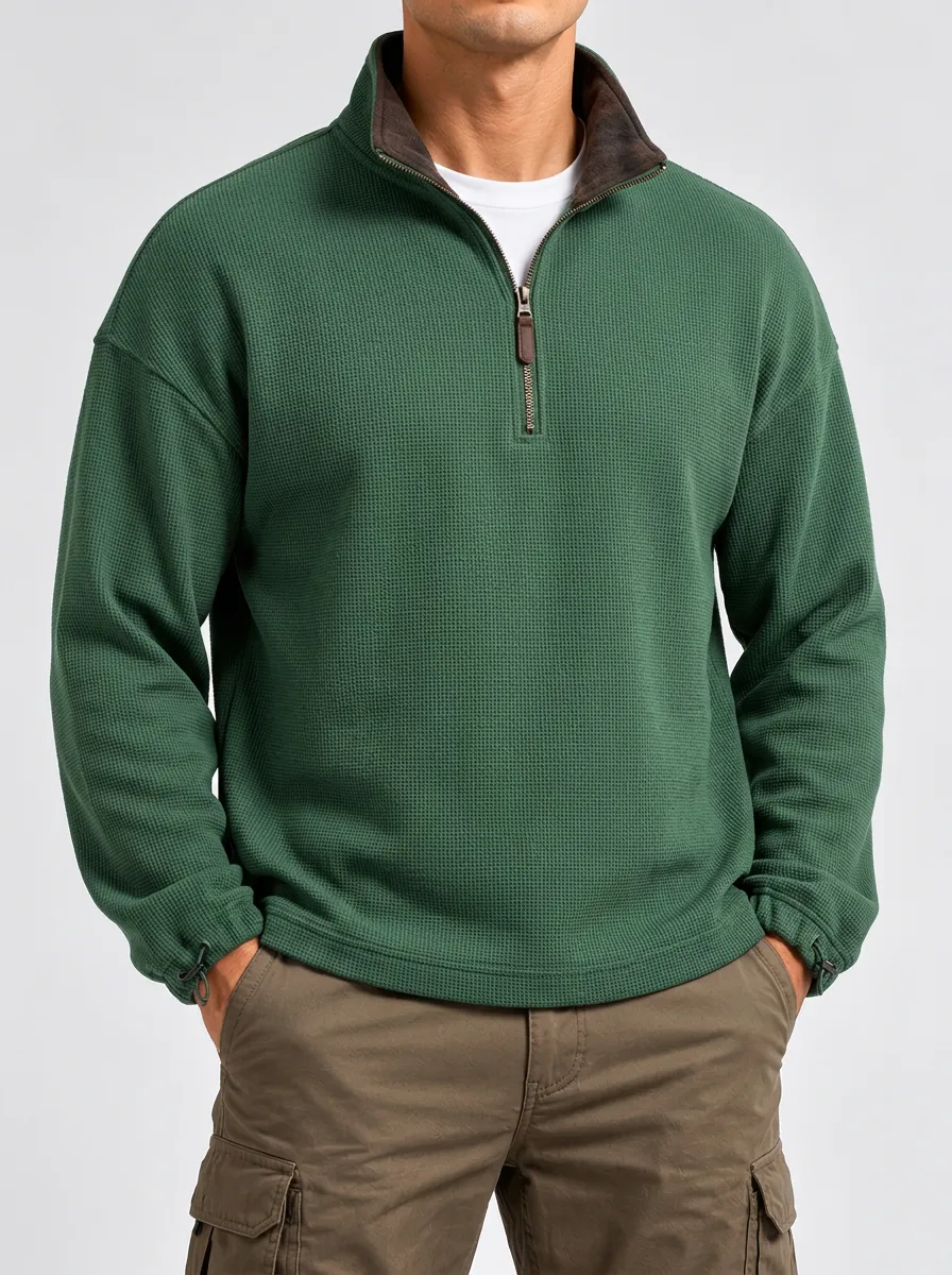 Practical Casual Pullover with Waffle Knit Finish and Quarter-Zip Front