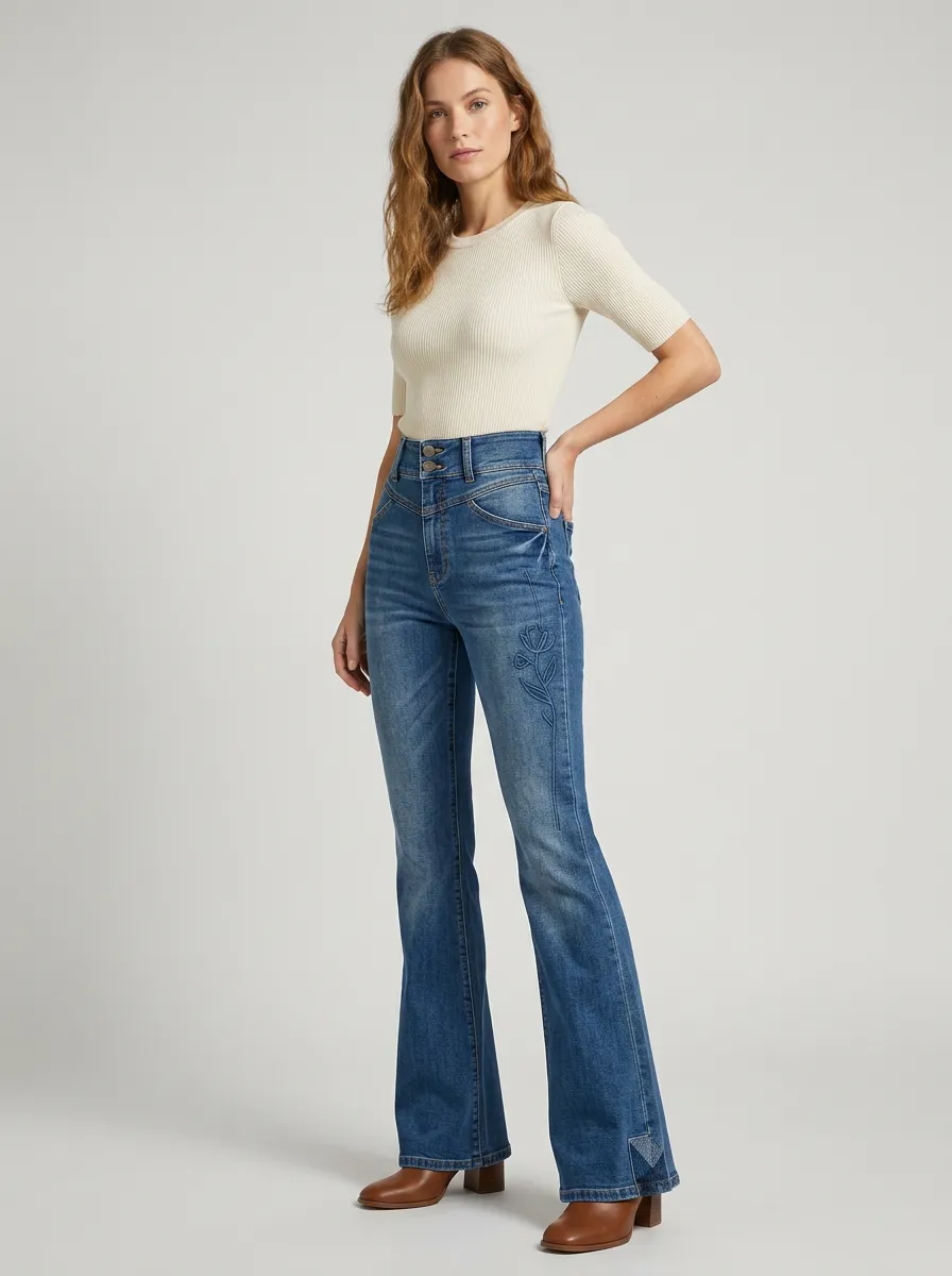 Women's Western Inspired Floral Embroidered High Rise Flare Jeans