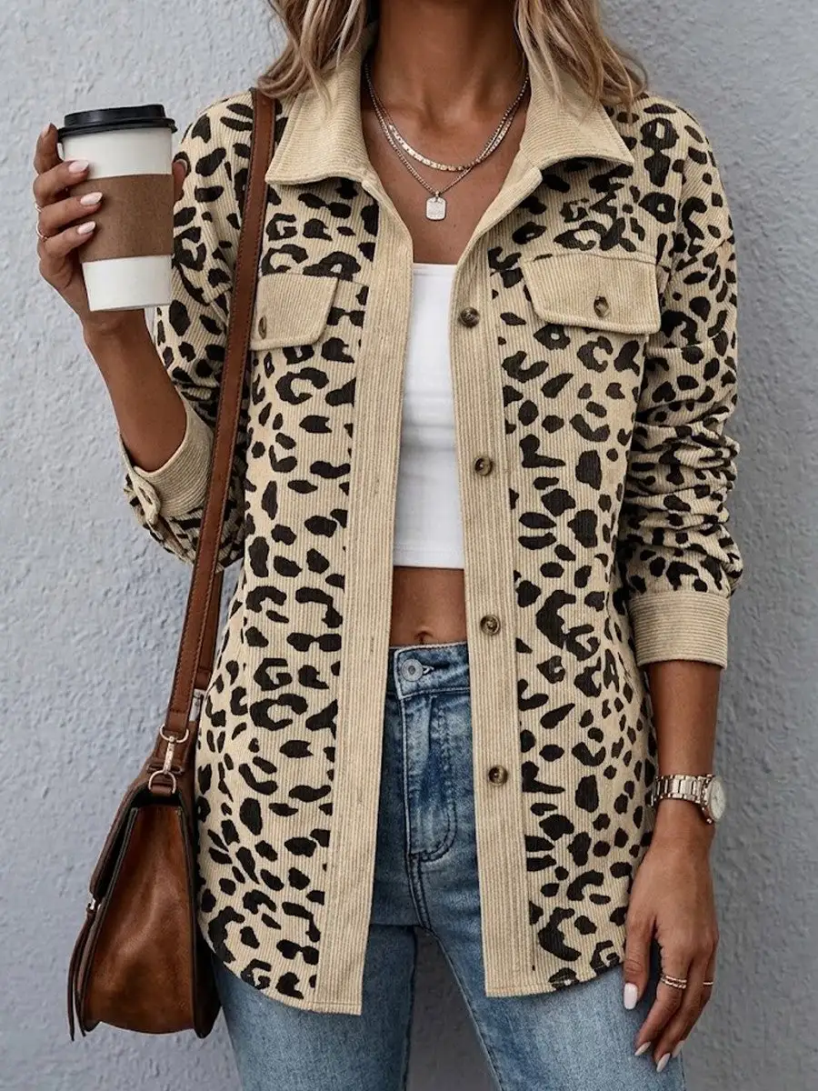 Contrast Rib Collar Leopard Print Corduroy Long Sleeve Shirt Jacket
