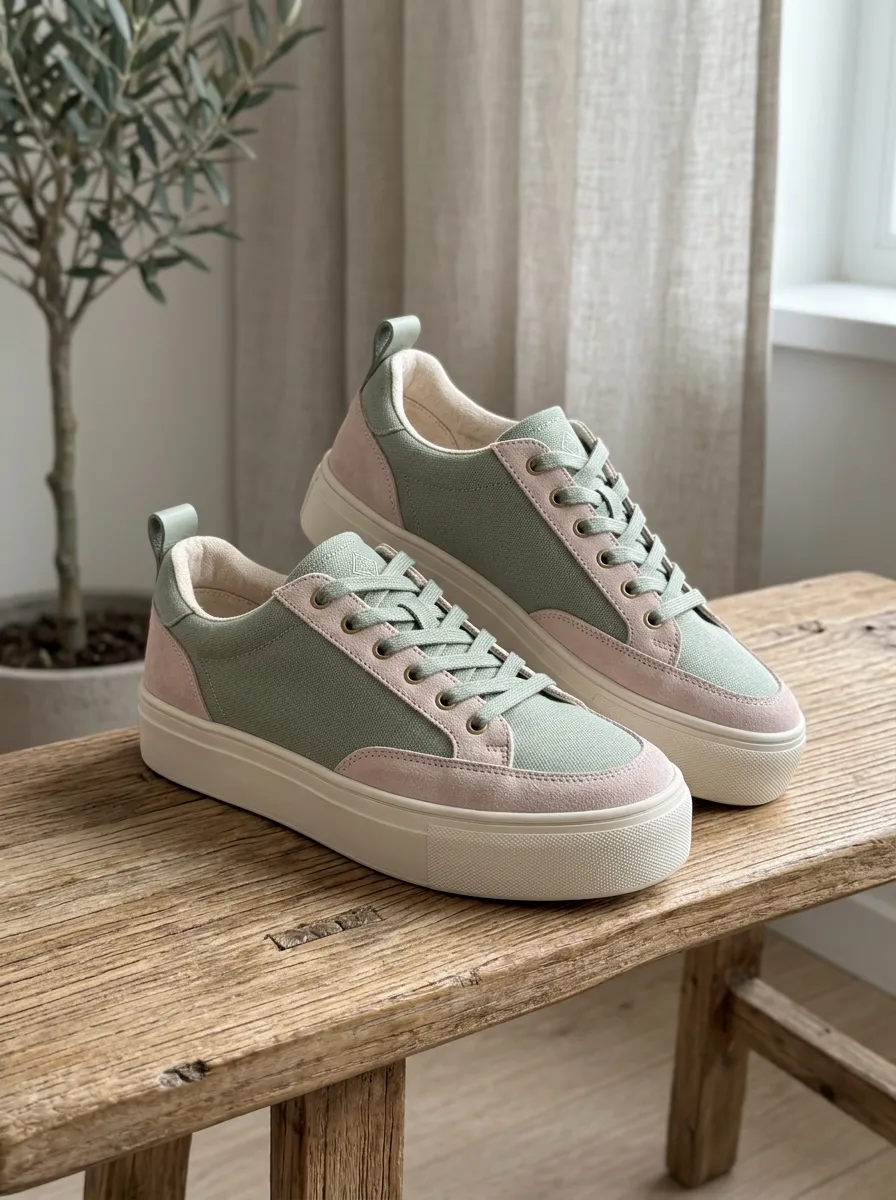Women's Sage Green and Pink Suede Canvas Printed Sneakers