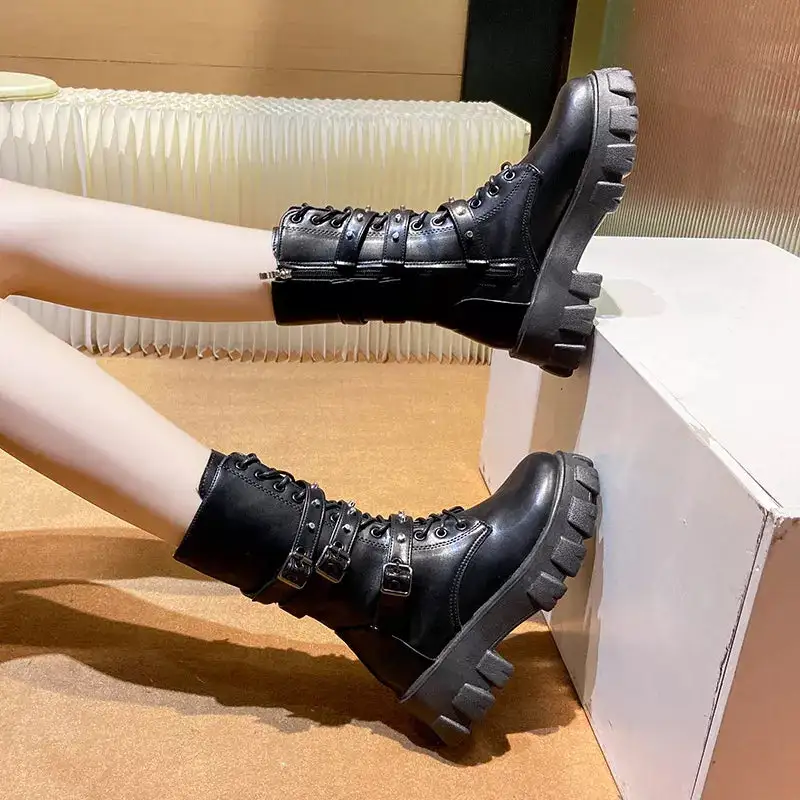 Refined Buckled Lace Up Combat Boots
