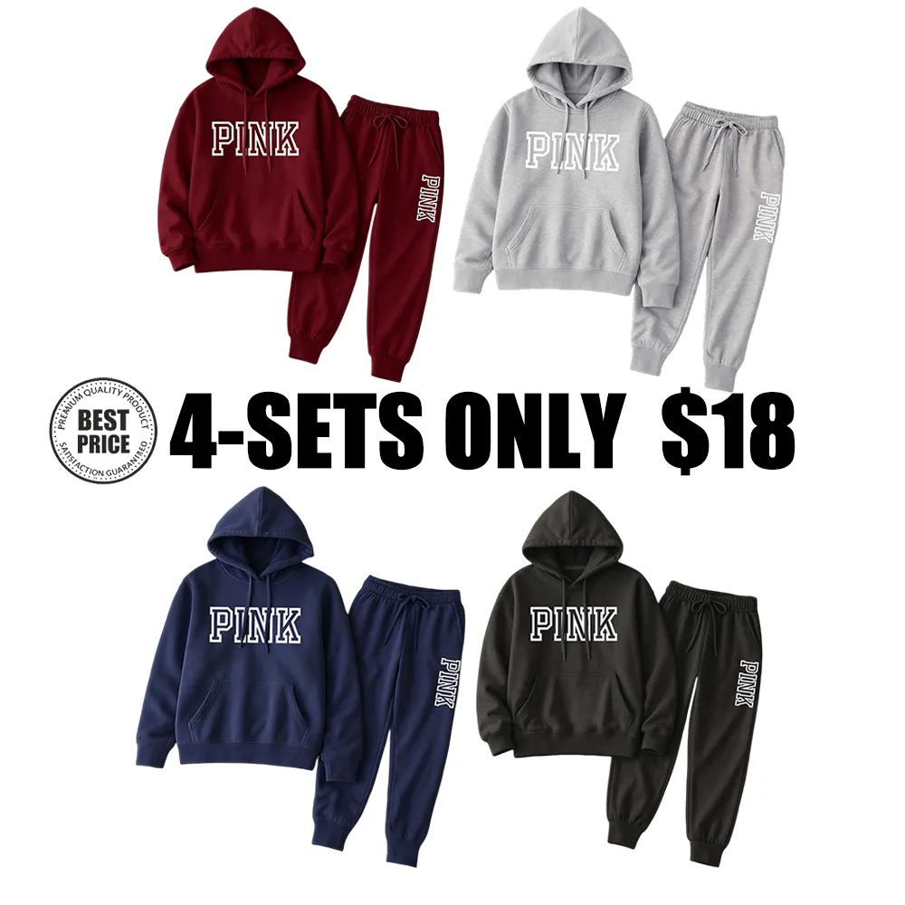 Women's Pink Print Hoodie And Drawstring Track Pants Set