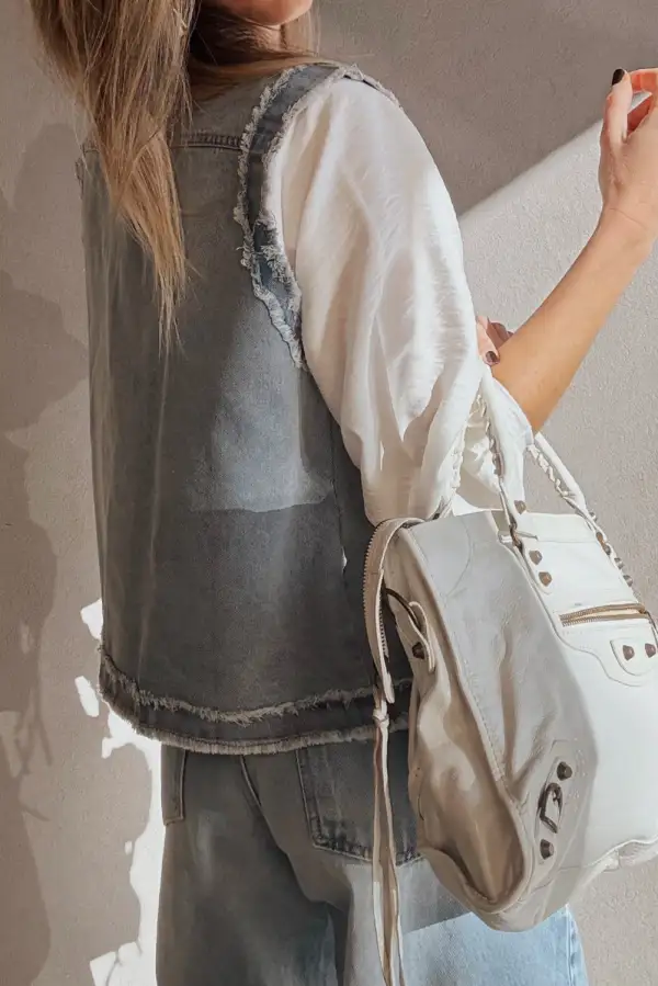 Frayed Edge Flap Pockets Denim Vest