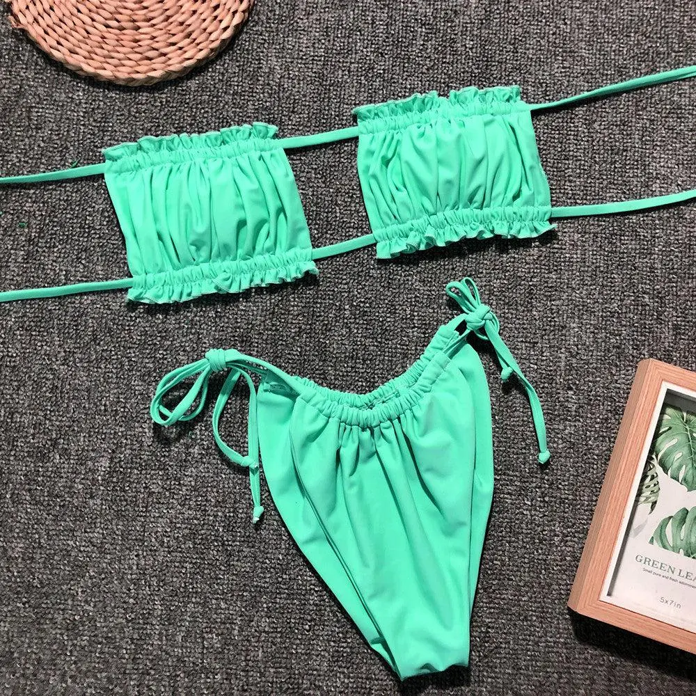 Frill Trim Ruched Bikini Swim Set