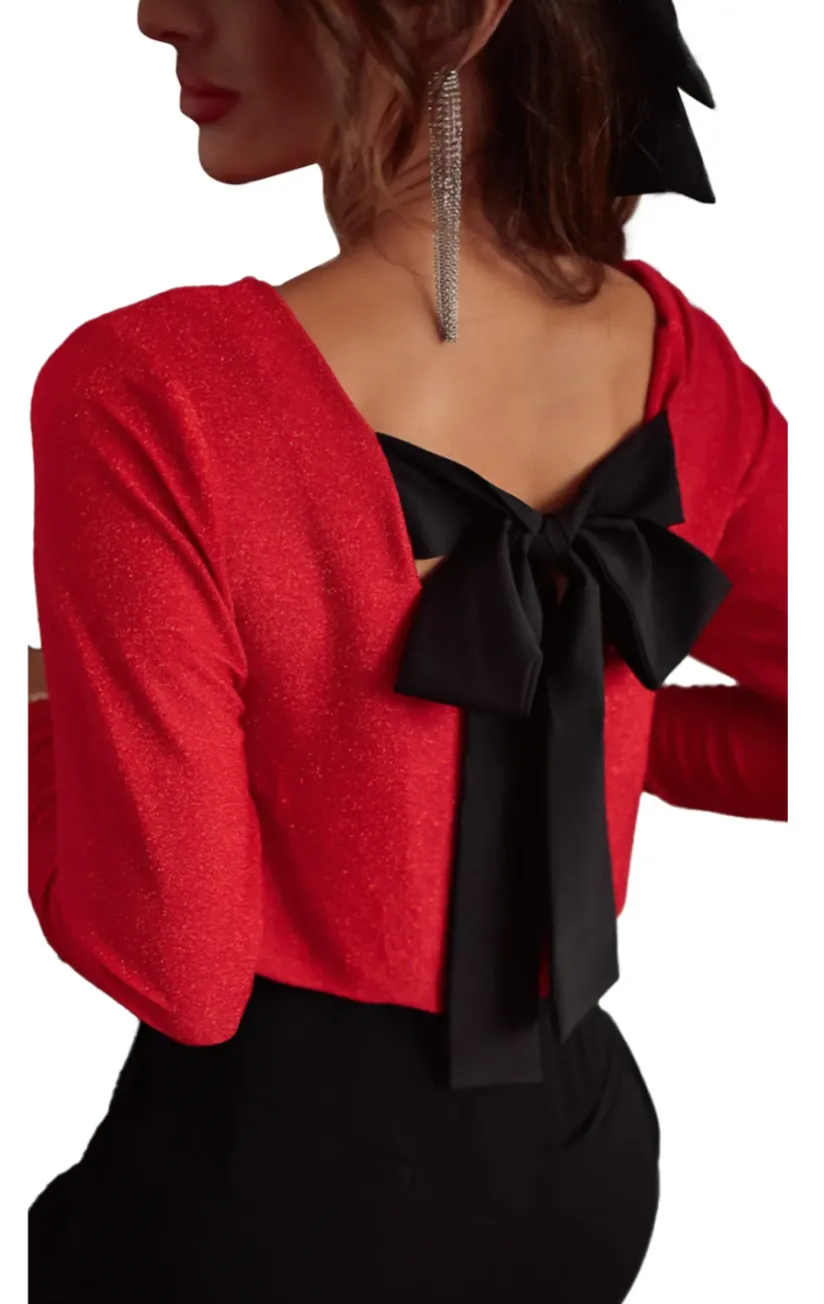 Long Sleeve V Neck Bow Detail Top