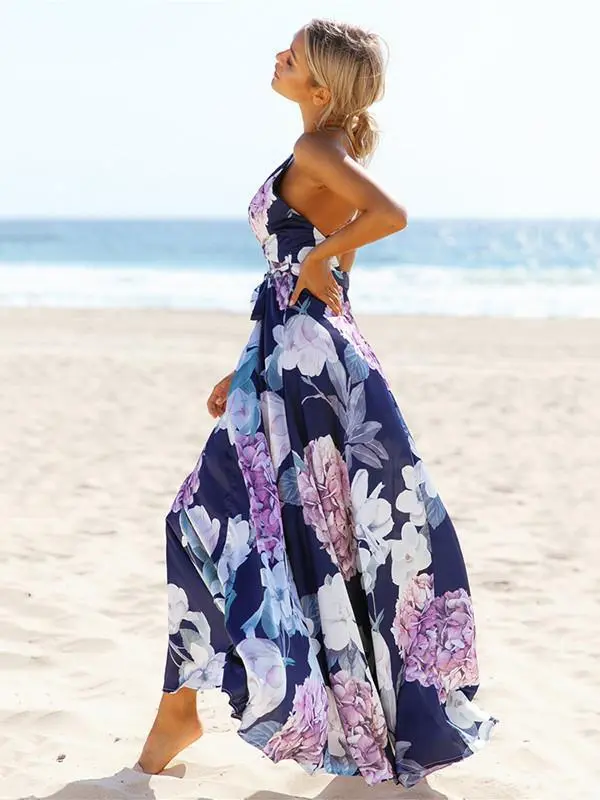 Popular Cotton Floral Printed Off Back Deep V Neck Maxi Dress