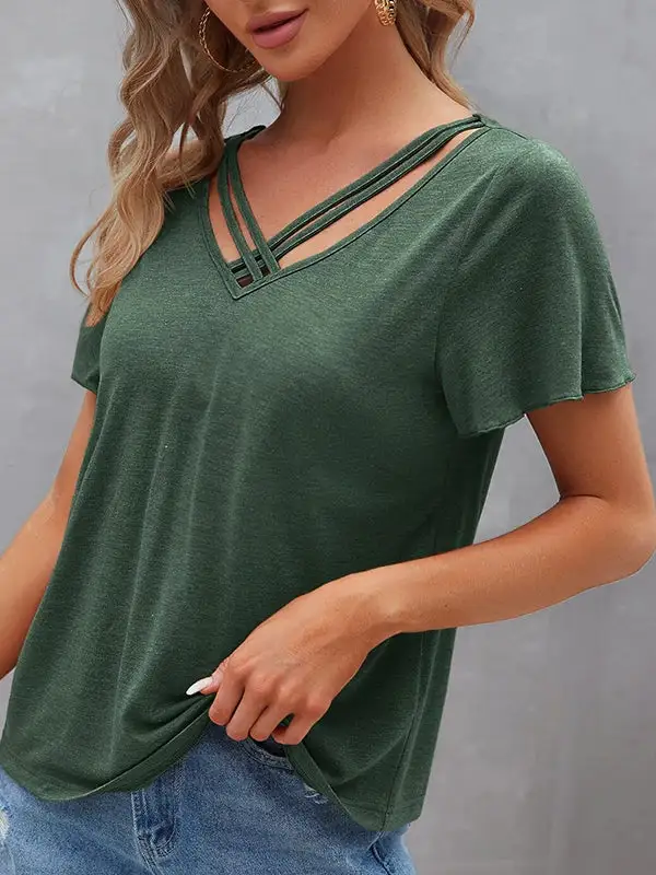 Relaxed Curve Fit Cutout Panel Detail V-Neck Polyester T-Shirt