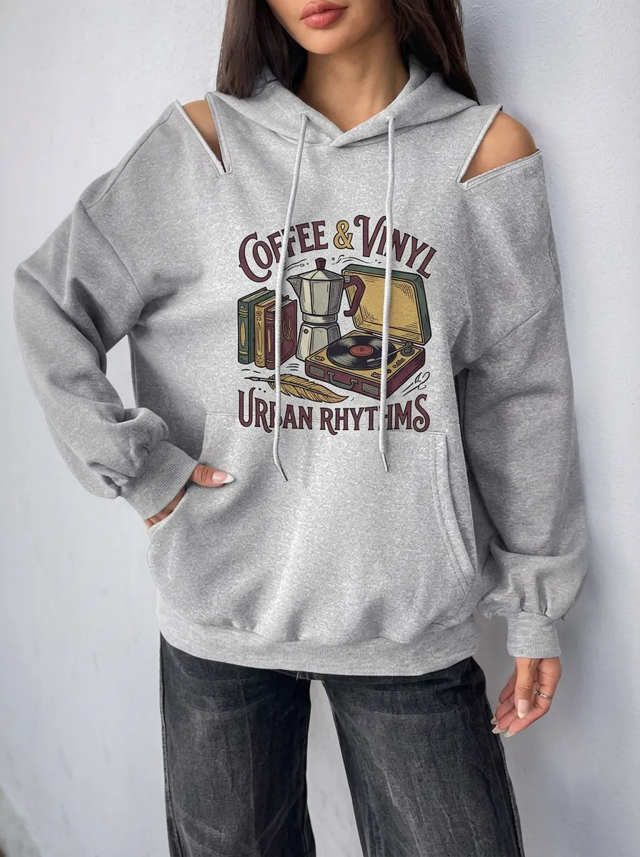 Women's Coffee Vinyl Record Urban Rhythms Printed Cold Shoulder Hoodie