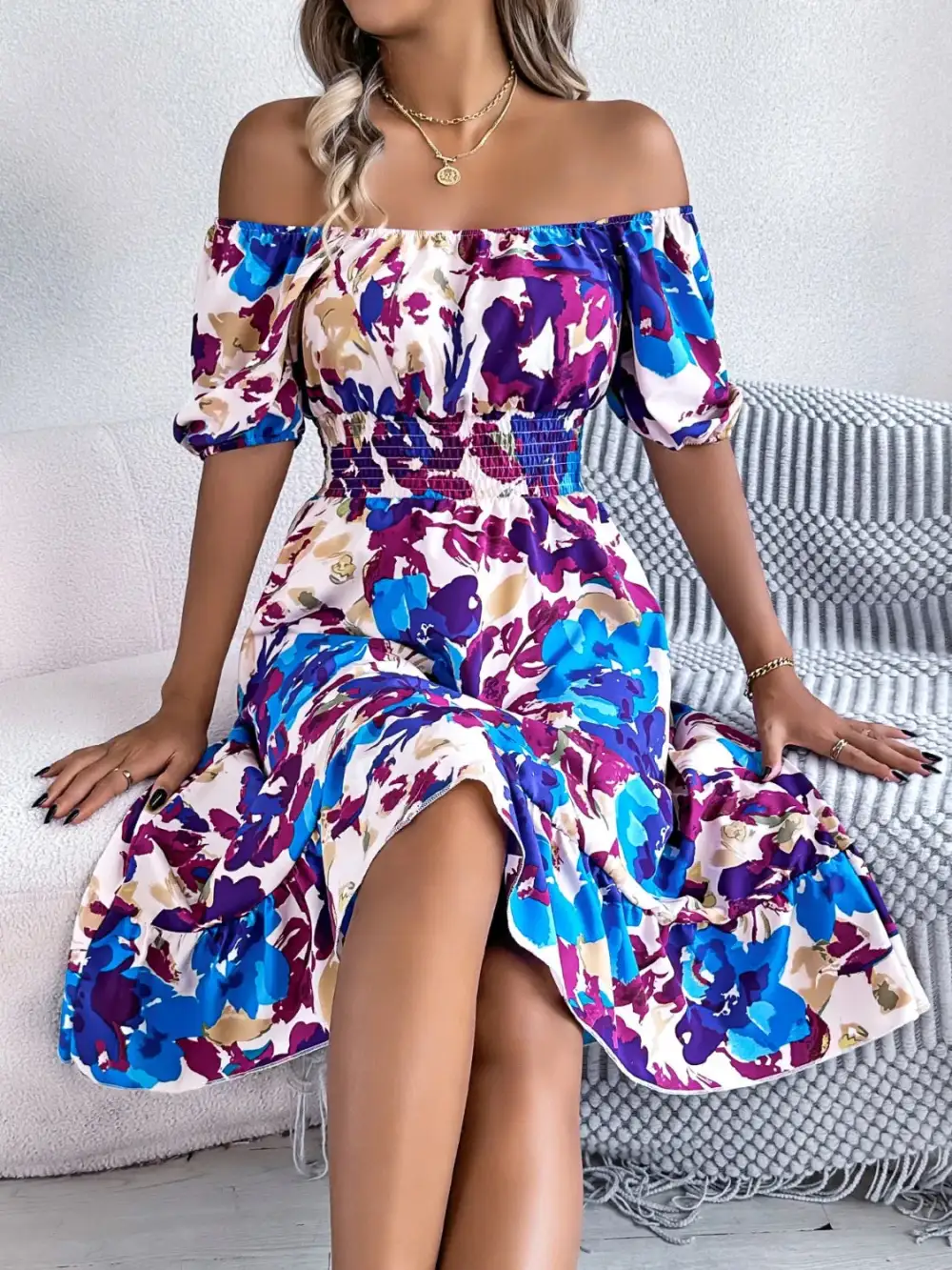 Textured Ruffle Trim Smocked Dress