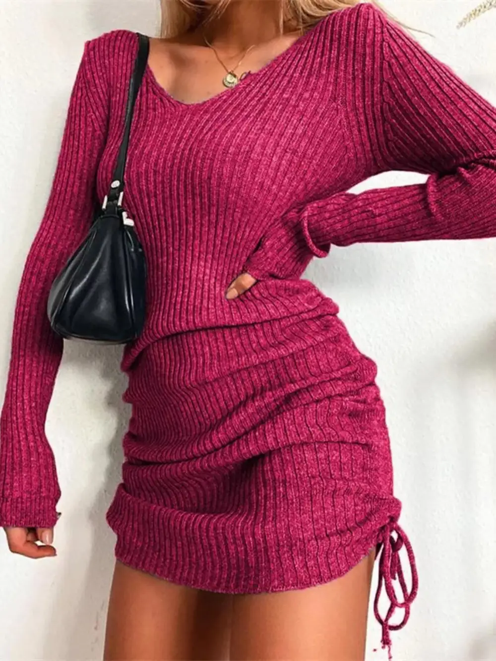 Ribbed Knit Drawstring Sweater Dress