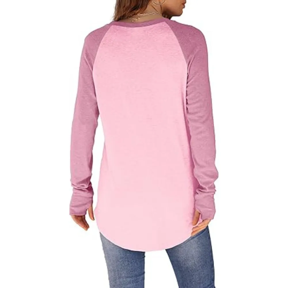 Womens Tunic Tops to Wear with Leggings Long Sleeve Thumb Hole Shirts Crew Neck Curved Hem