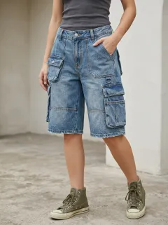 Women's Relaxed Casual Streetwear Multi-Pocket Denim Cargo Shorts Cargo Denim Shorts
