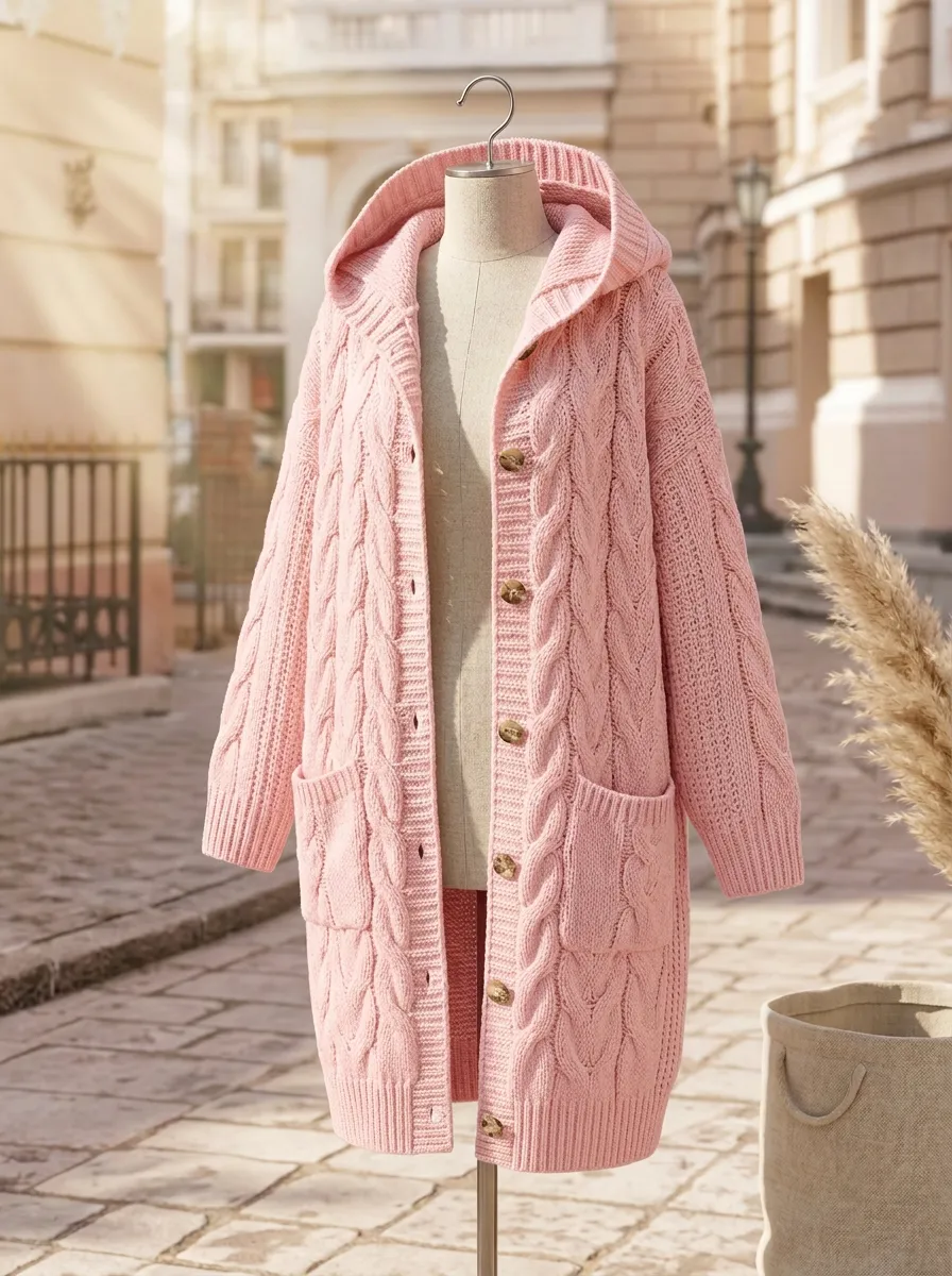 Refined Cable-Knit Button-Front Women's Hooded Knit Cardigan