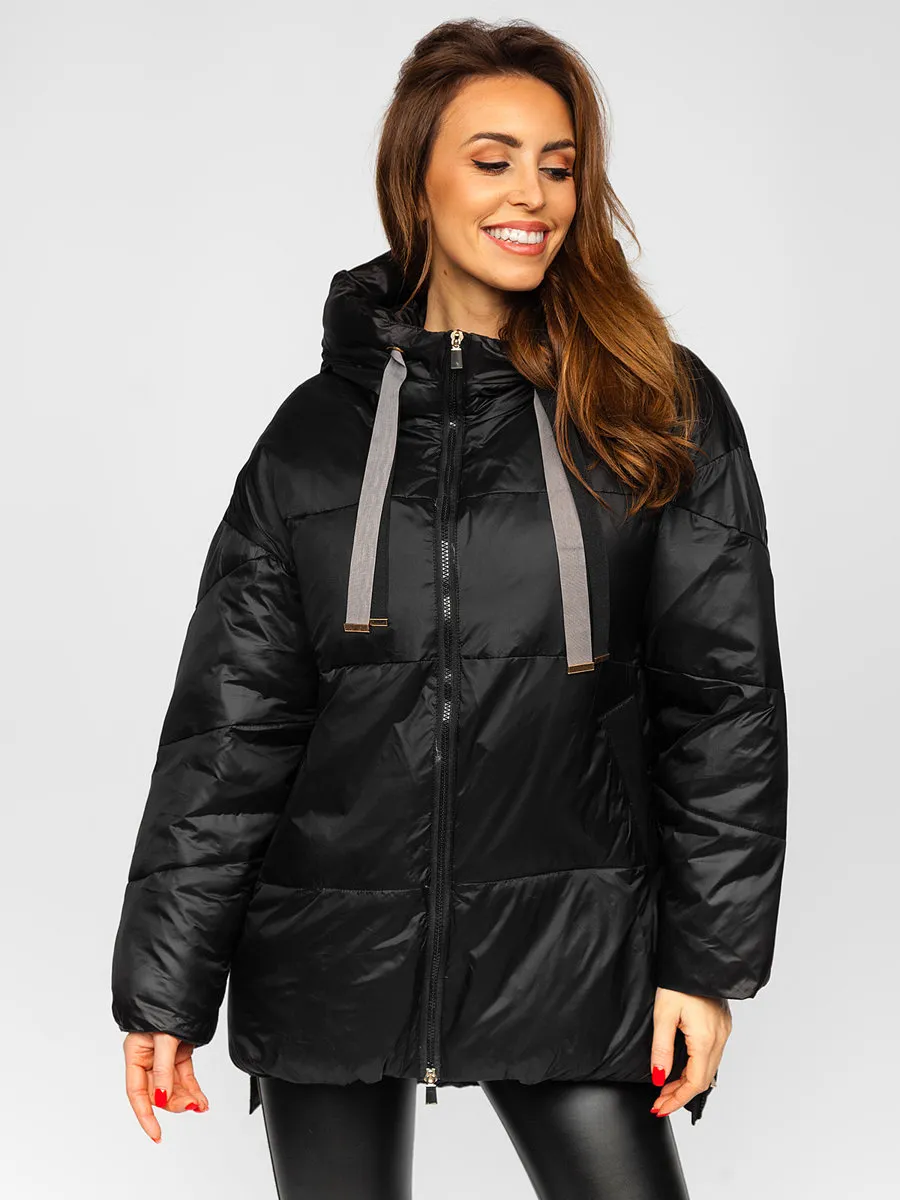 Women's Black Quilted Winter Jacket With Hood