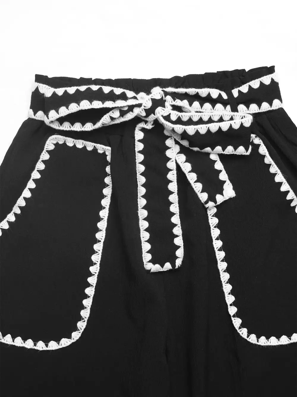 Wide Leg Tie Waist Crochet Trim Drawstring Pants