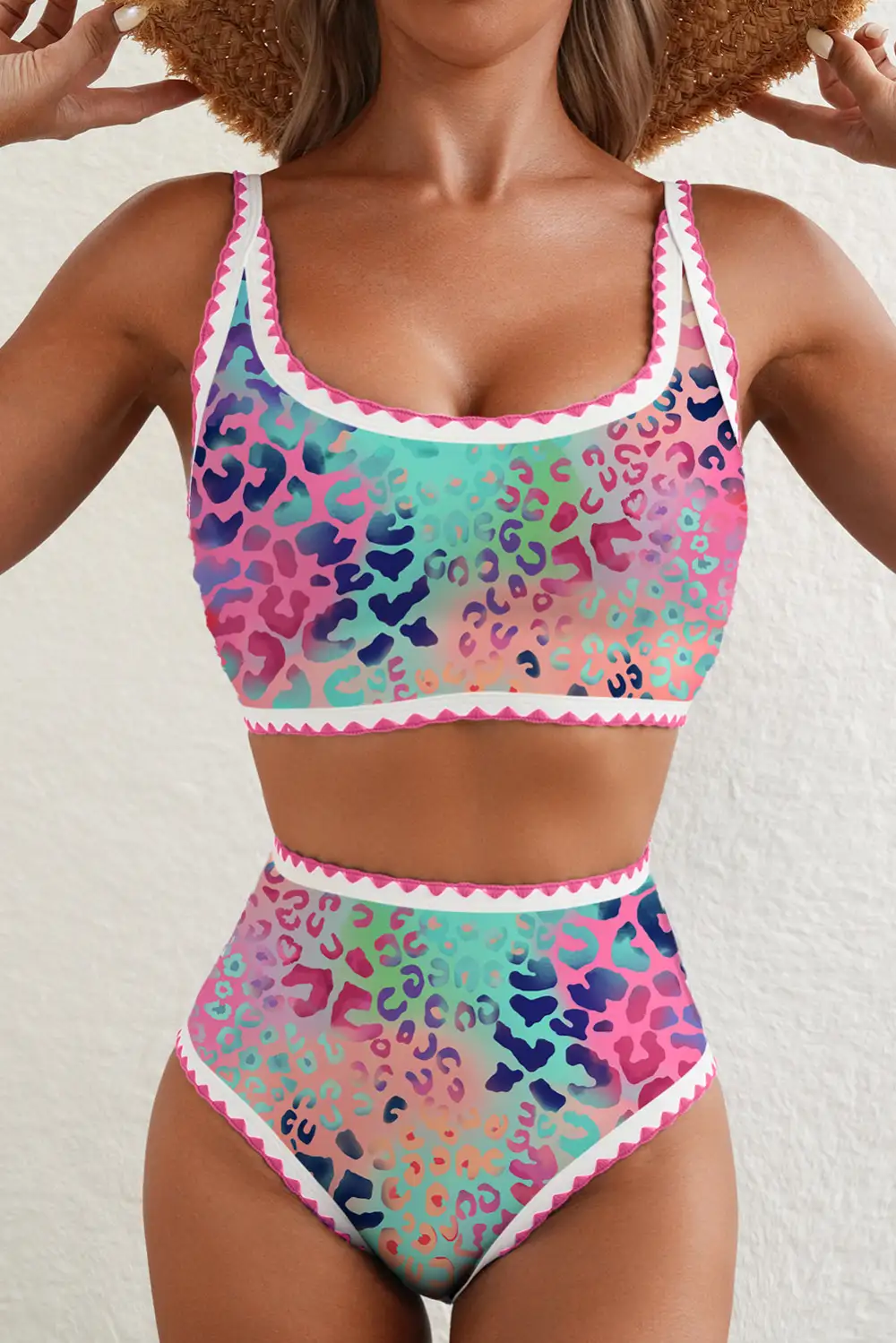 Leopard Ricrac Trim Neck Bikini Set