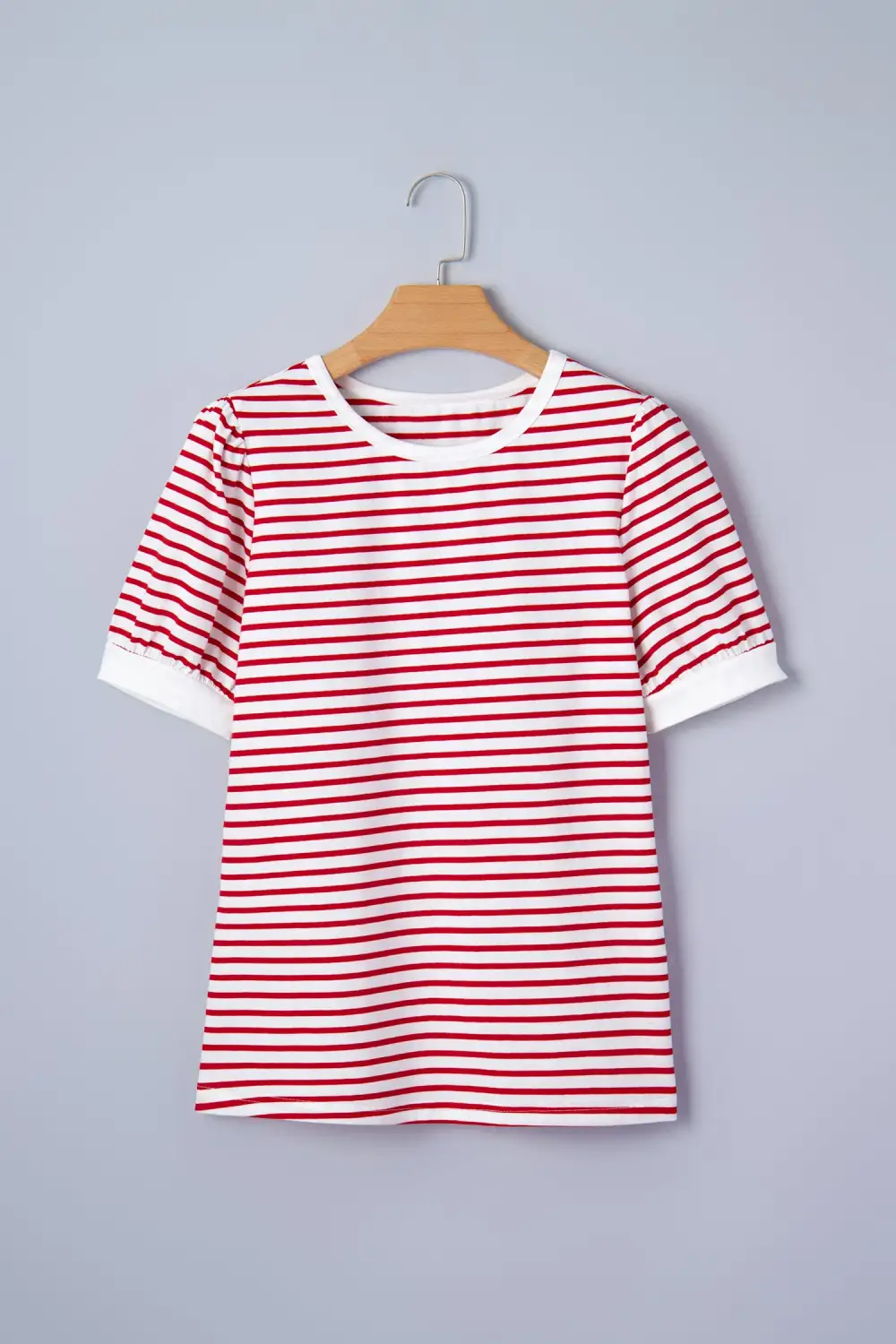 Round-Neck Puff-Sleeve Contrast-Trim Striped T-Shirt