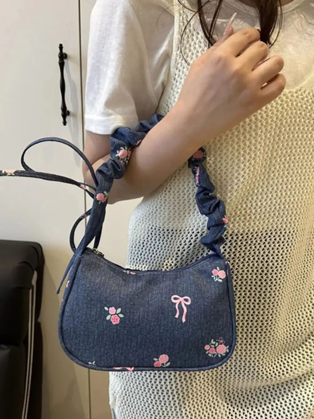 Embroidered Ruched Shoulder Bag