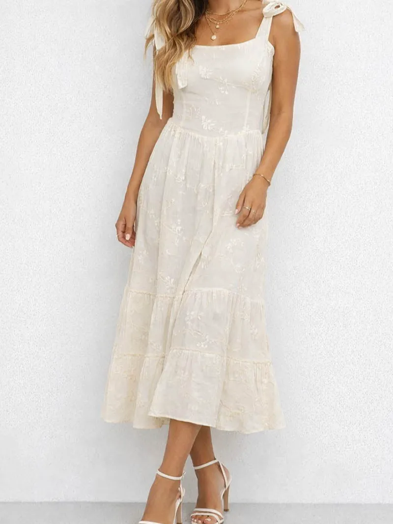Embroidery Square Neck Shoulder Strap Midi Dress