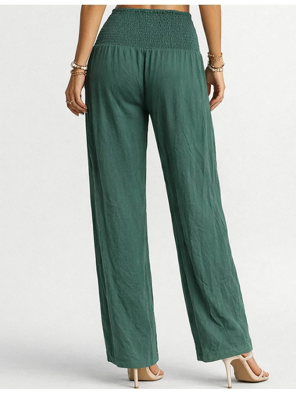 Solid Color Elastic Waist Smocked Wide Leg Pants