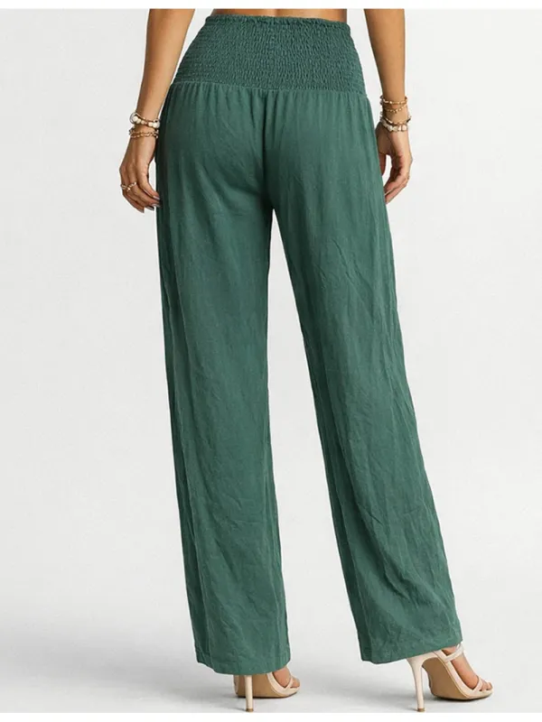 Solid Color Elastic Waist Smocked Wide Leg Pants