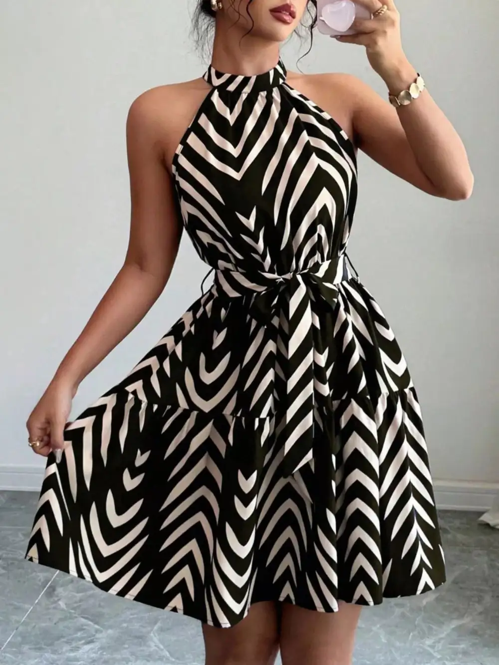 Printed Tie Waist Ruffle Dress Casual