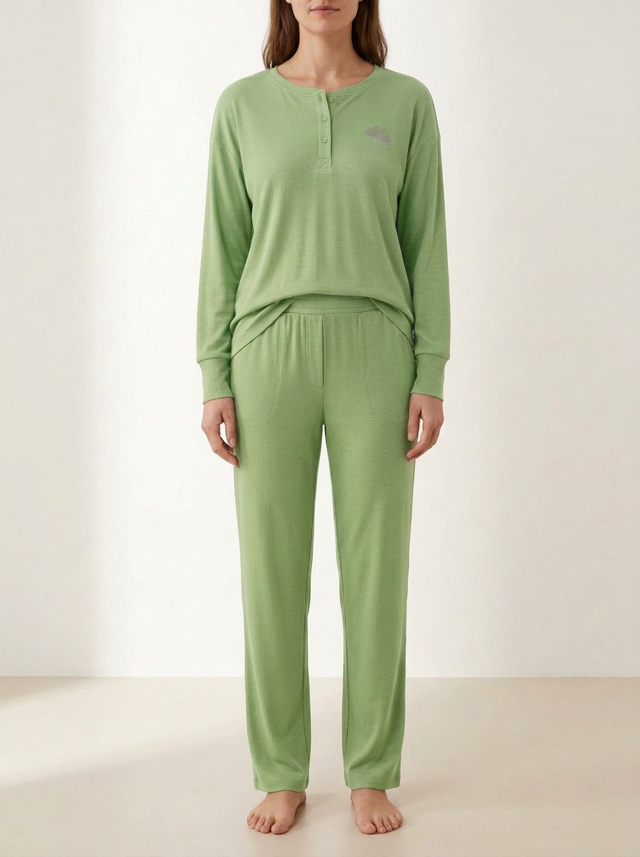 Women's Ginkgo-Embroidered Henley Side-Pocket Lounge Set