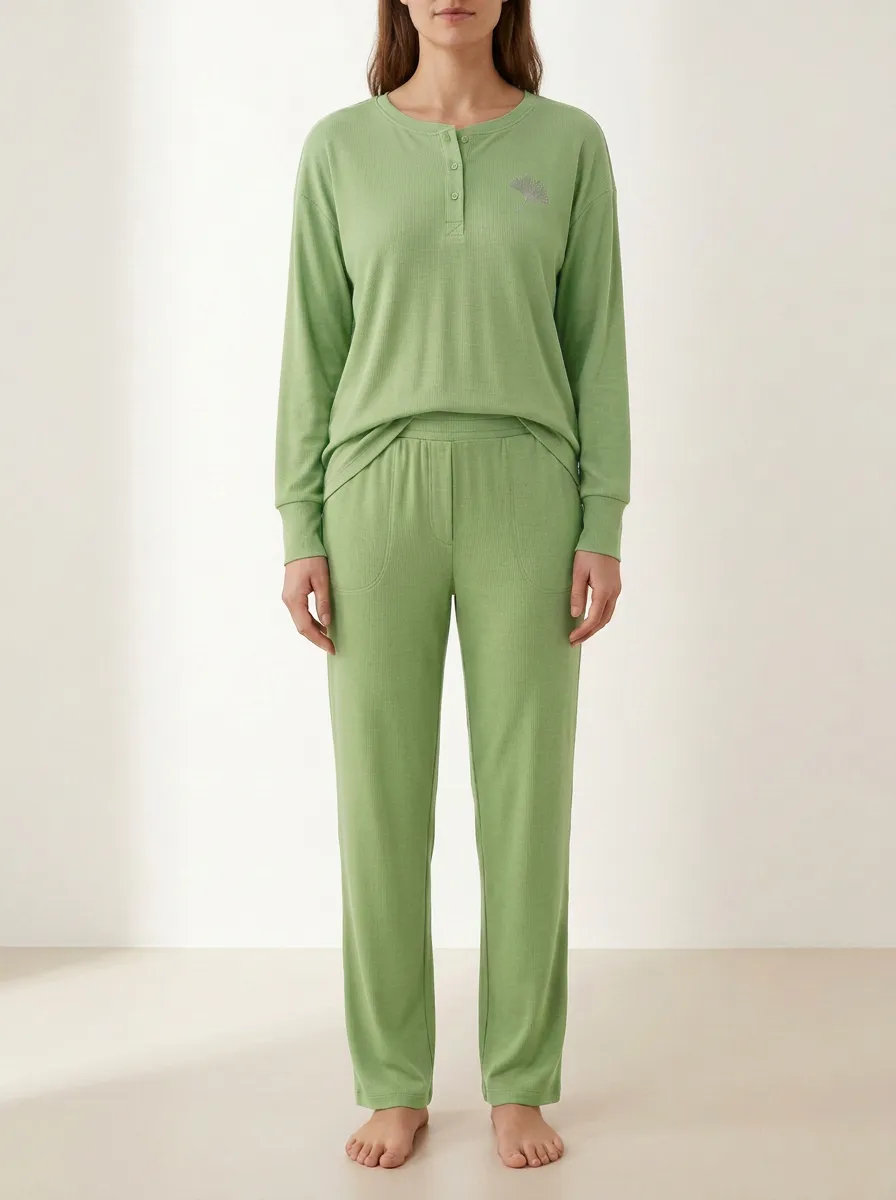 Women's Ginkgo-Embroidered Henley Side-Pocket Lounge Set