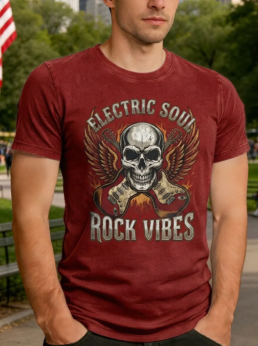 Men's Rock Music Skull Guitar Wings Printed T-shirt