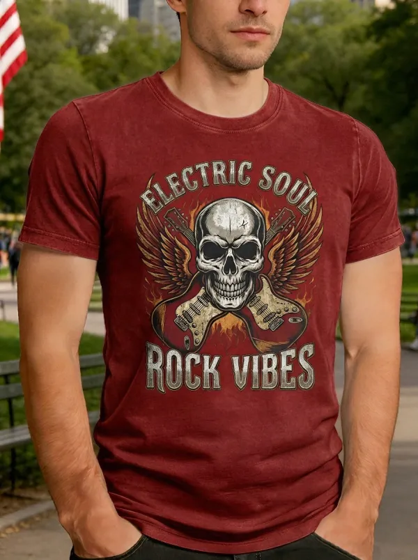 Men's Rock Music Skull Guitar Wings Printed T-shirt