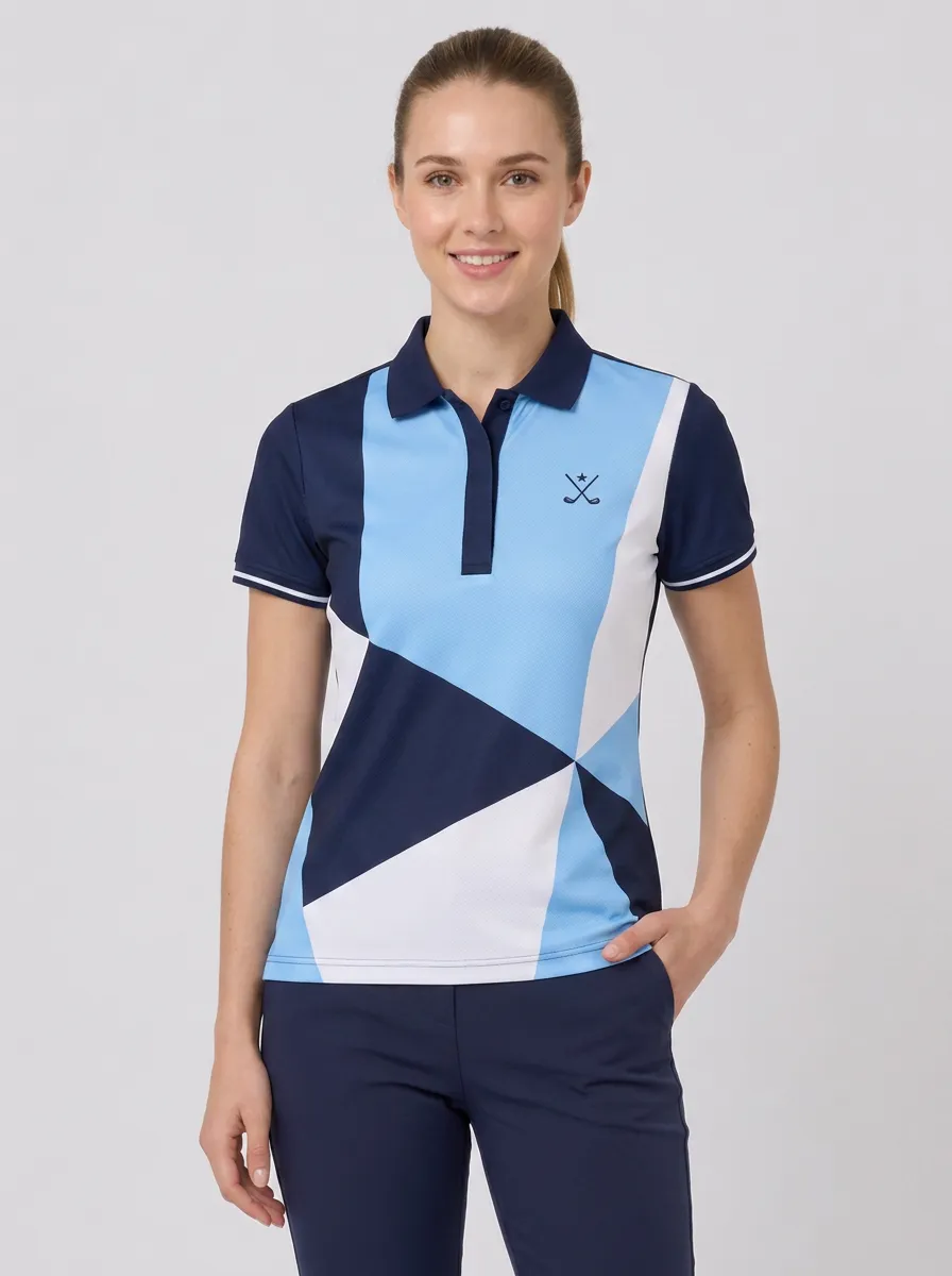 Women's Golf-Inspired Geometric Pattern Striped-Trim Polo Shirt