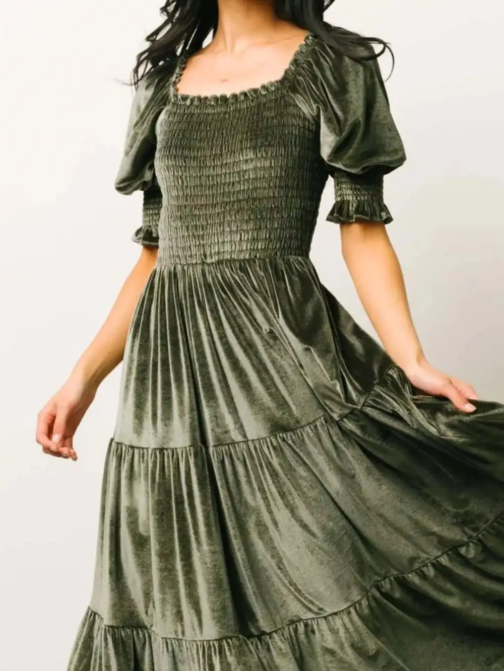 Velvet Tiered Smocked Midi Dress