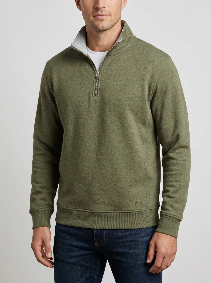 Men's Relaxed Minimalist Textured Embroidered Emblem Quarter-Zip Sweatshirt