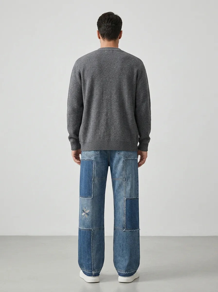 Wide Leg Patchwork Star Graphic Vintage-Inspired Men's Loose Fit Jeans