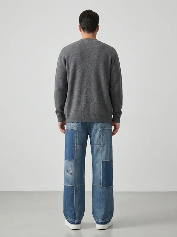 Wide Leg Patchwork Star Graphic Vintage-Inspired Men's Loose Fit Jeans