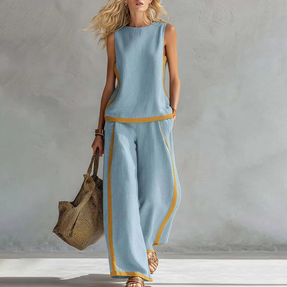Linen Blend 2-Piece Set for Women Sleeveless Color Block Top Wide Leg Pants Set