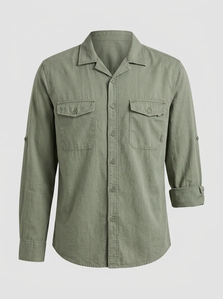 Men's Casual Outdoor Olive Green Breathable Button-Down Shirt