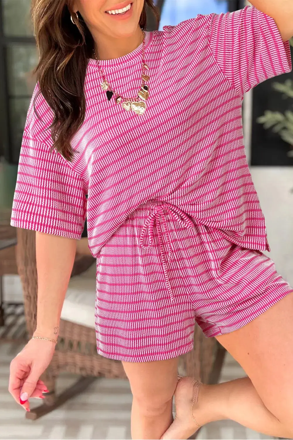 Stripe Raised Rib Loose Drawstring Elastic Set